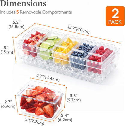 Lifewit Chilled Condiment Containers with Lids 2 Pcs, Plastic Taco Bar Serving Set for Party with 5 Containers, Ice Garnish Tray for Mimosa Bar Supplies, Clear Serving Platter for Fruit, Salad, Snack