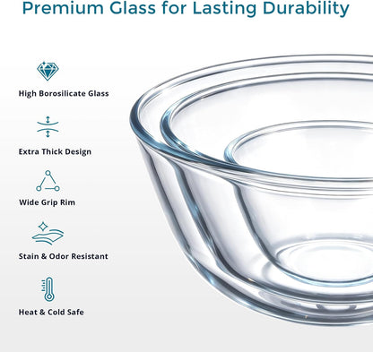 E-far Glass Mixing Bowls with Airtight Lids Set of 3, 4.8,2.9,0.8 Qt Clear Glass Salad Bowls for Cooking Prep Baking Serving, Large Nesting Bowls for Storage Sourdough Proofing, Dishwasher Safe
