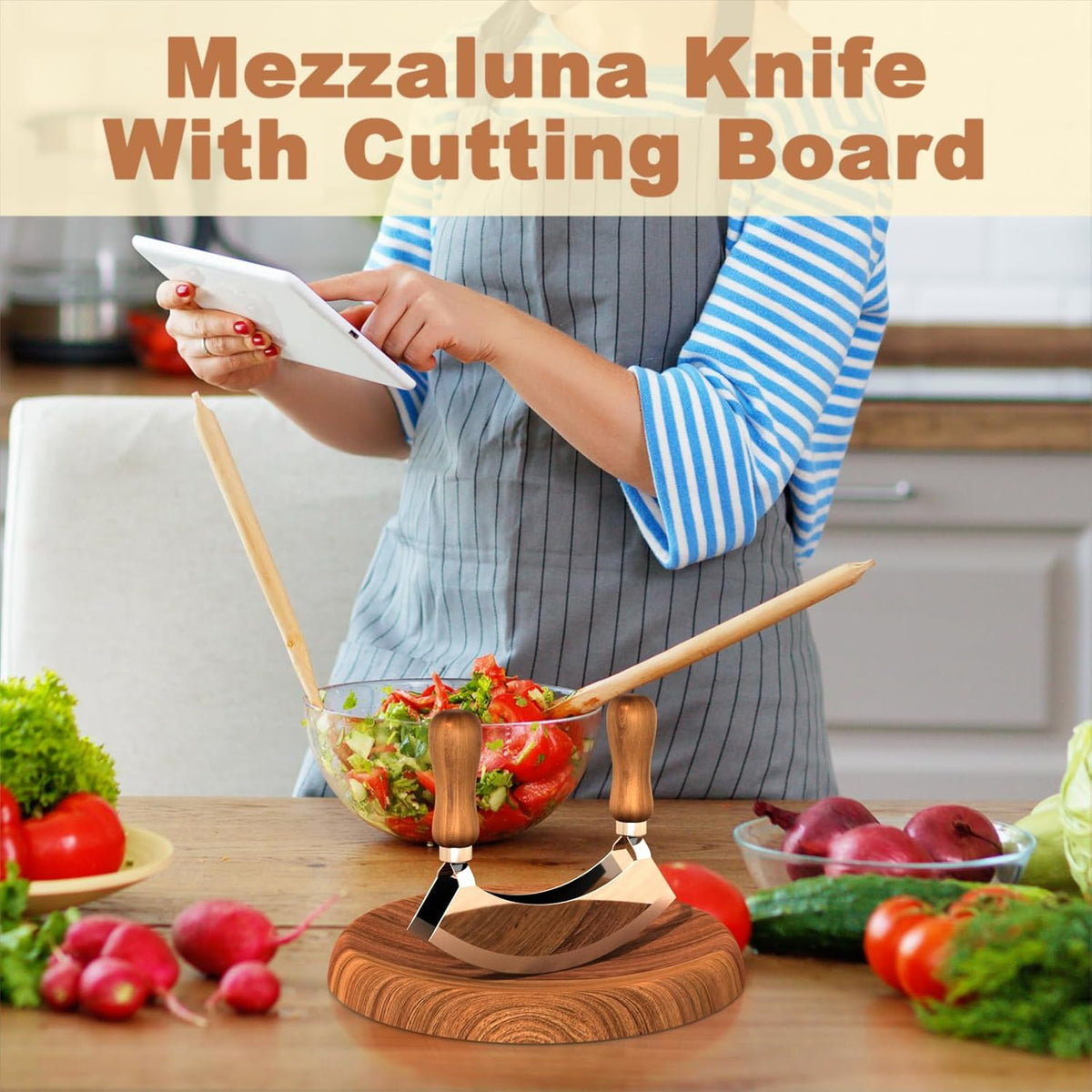 Cutting Board & Mezzaluna Knife, 2-Bladed Herb Chopper with Wood Board