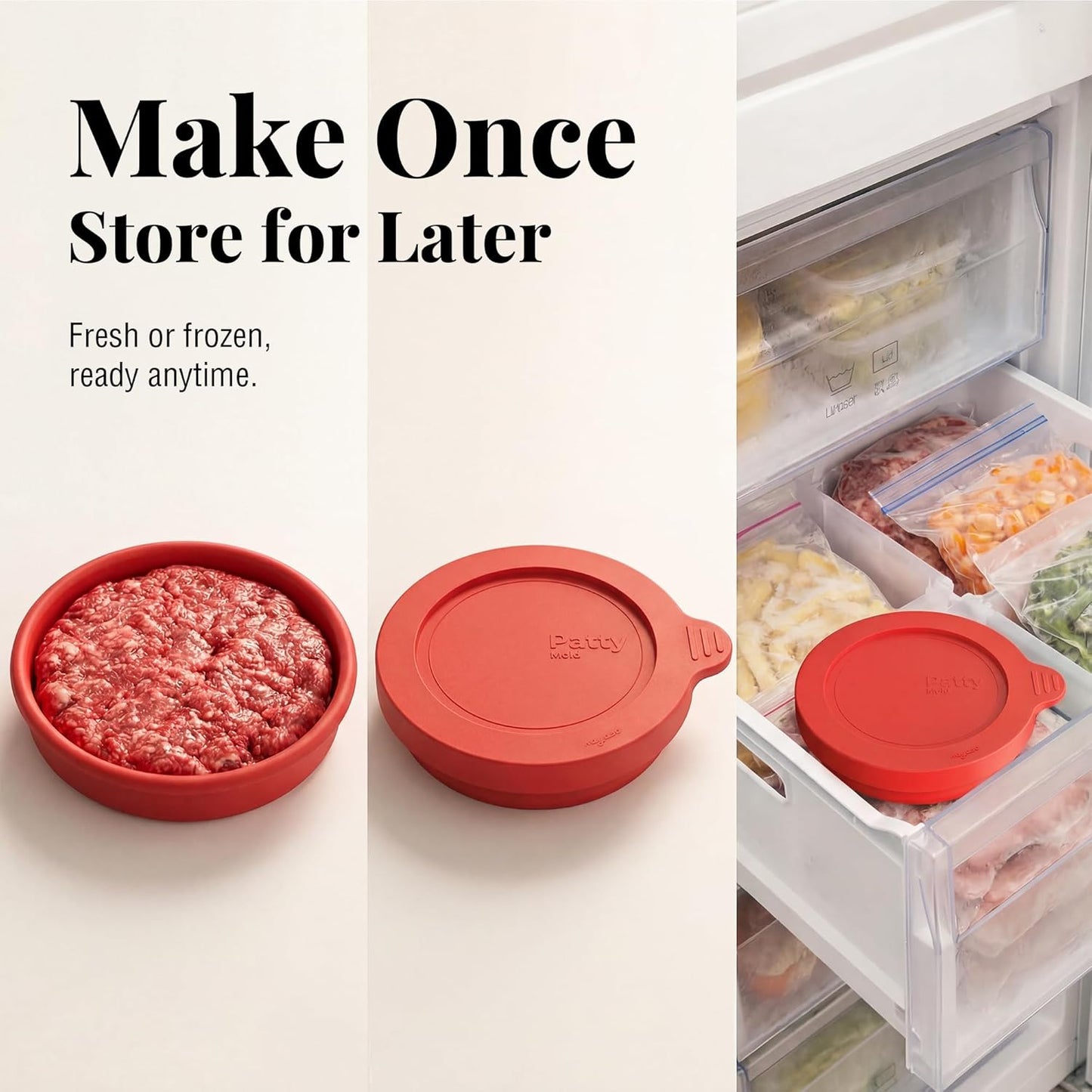 Silicone Burger Patty Mold Set with Lid, Nonstick Burger Press for 1/4 lb Patties, Food-Grade Patty Maker for Beef, Chicken & Veggie Burgers, Food Freezer Container, 4 Pack