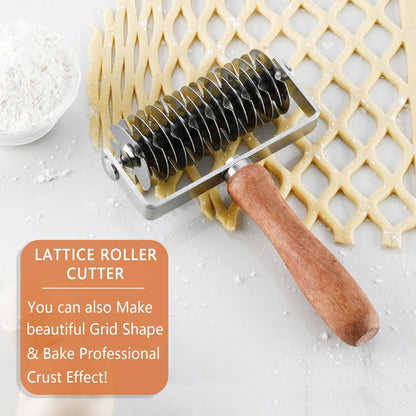 Stainless Steel Dough Lattice Top Cookie Pie Pizza Bread Pastry Crust Roller Cutter Holder Wooden Handle, Lattice Dough Cutter for Fishnet Crust