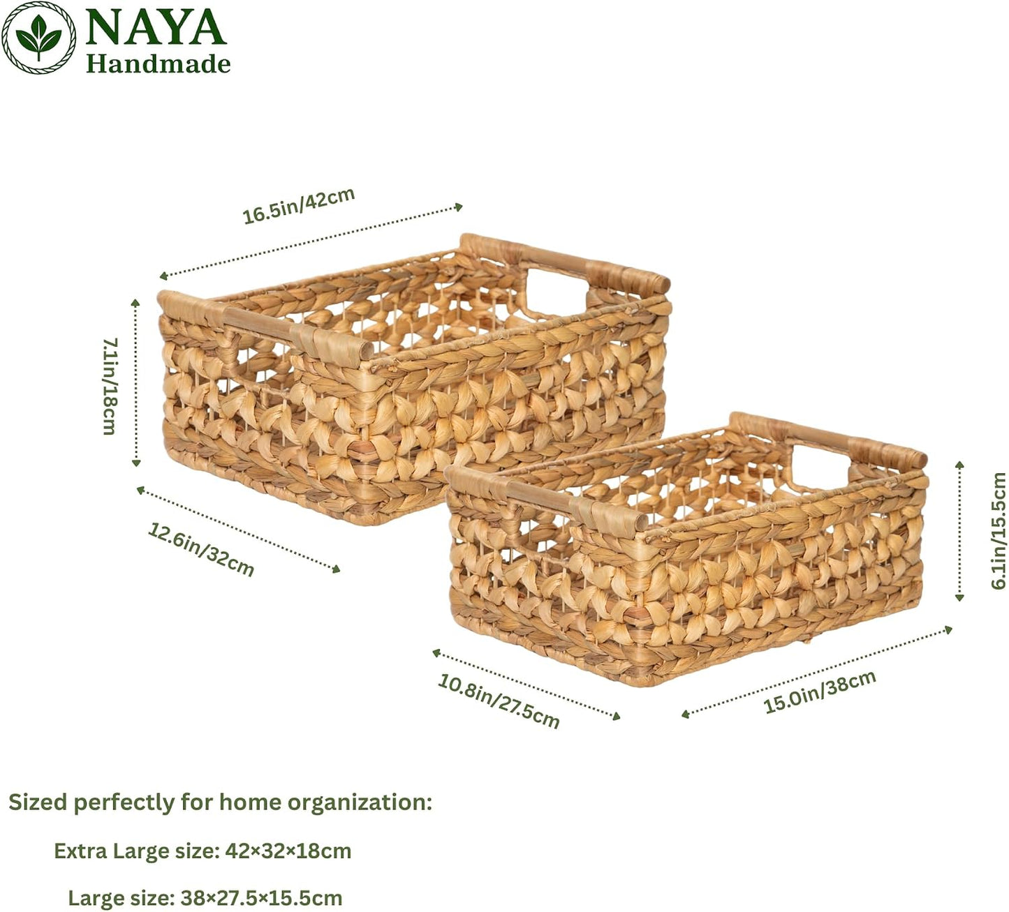 NAYA 11.6" Water Hyacinth Medium Wicker Shelf Basket – Storage Bin | Handwoven water hyacinth shelf basket with sturdy handles for pantry, towels and everyday home organization.