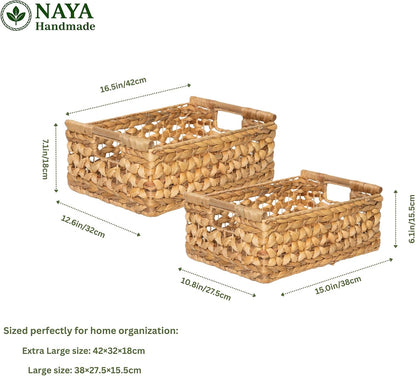 NAYA 11.6" Water Hyacinth Medium Wicker Shelf Basket – Storage Bin | Handwoven water hyacinth shelf basket with sturdy handles for pantry, towels and everyday home organization.