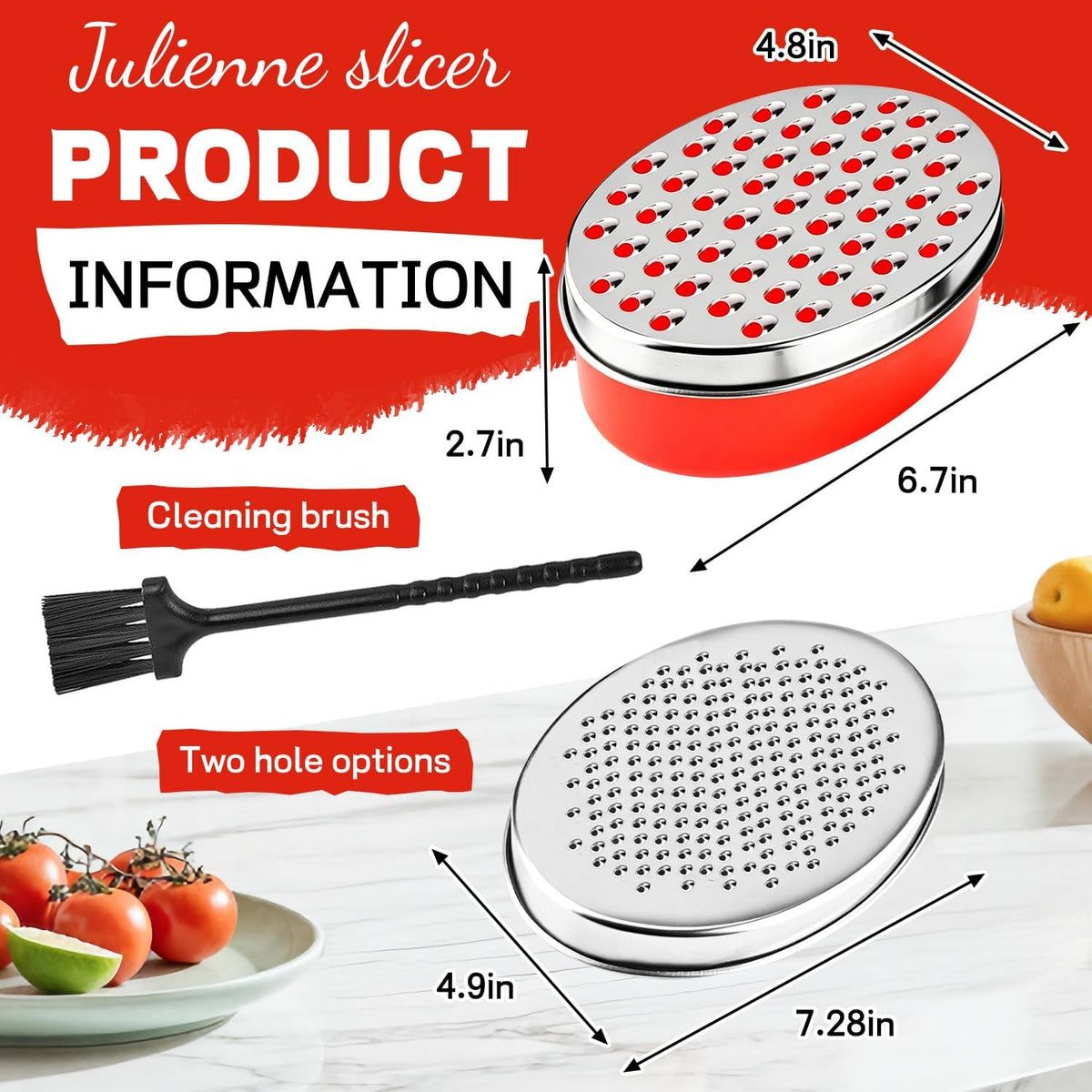 Cheese Grater with Container, Red Stainless Steel, Fine and Coarse Blades, Food Storage Box with Lid, for Parmesan, Cheddar, Ginger, Vegetables, Chocolate, Nutmeg