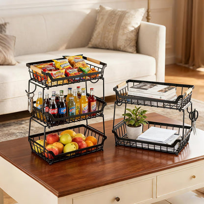 3 Tier Fruit Basket with 2 Banana Hangers for Kitchen Counter | 3-Tier Detachable Design,Metal Wire Construction, Wooden Handle, Large Capacity, Multi-Purpose Organizer,Mesh Basket