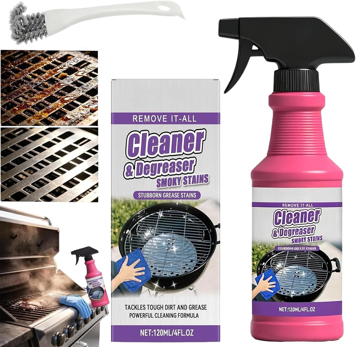 Fast-Acting Heavy-Duty Grill Degreaser Spray, BBQ Cleaner for Grates and Smoker, 120 MLAdvanced Grease Dissolver and Stain Remover for Grills Grates Burners Drip Trays (1PCS)