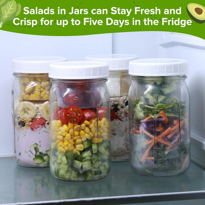 4 Pack Glass Salad Mason Jars with Lids Meal Prep-32 oz Mason Jars Wide Mouth Salad Container for Lunch With Long Sporks-Leak-proof & Separate Compartments for Dressing and Dry Ingredients