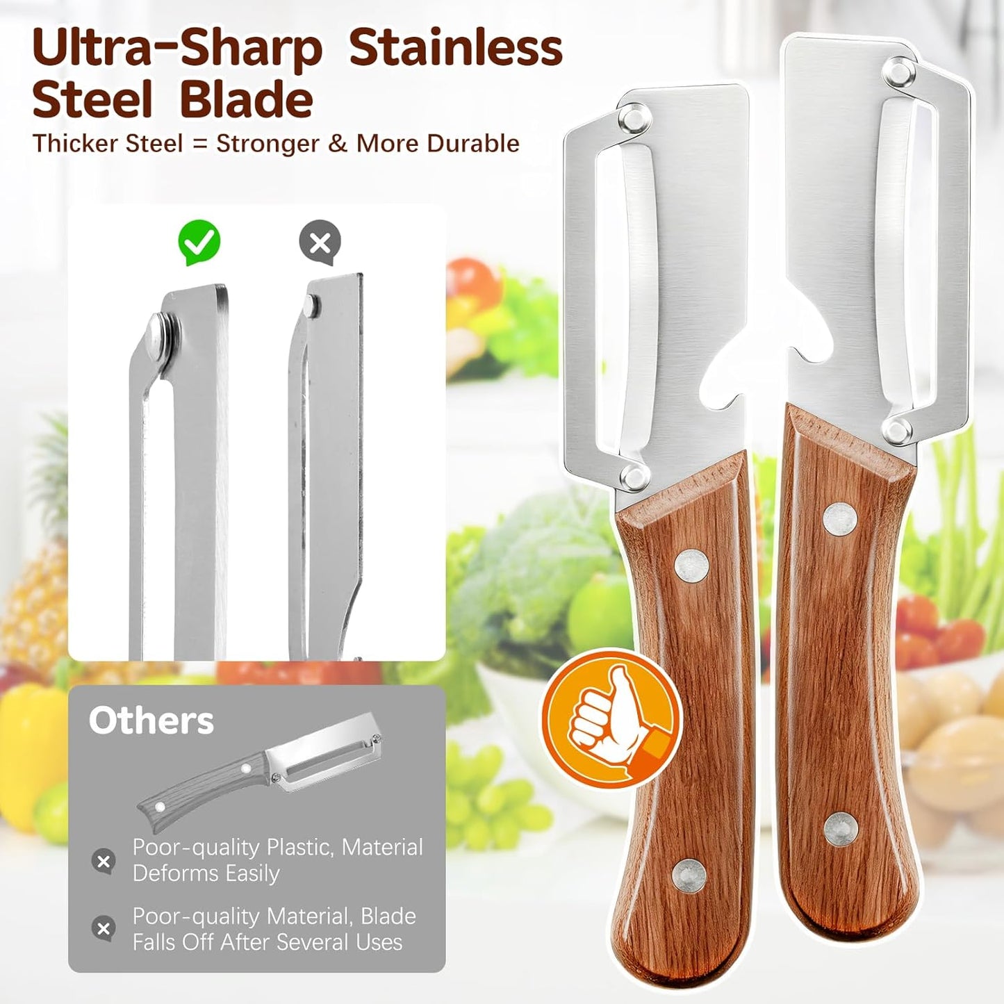 Left & Right Hand Vegetable Peeler Set with Scallion Slicer & Bottle Opener, Thickened Stainless Steel Wide Blade for Smooth Peeling, Wooden Handle Kitchen Peeler for Fruits & Vegetables