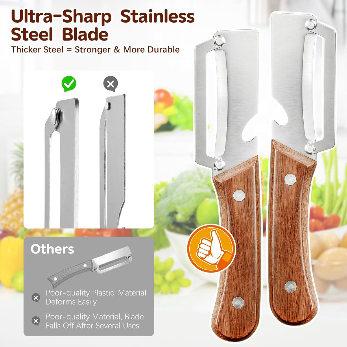 Left & Right Hand Vegetable Peeler Set with Scallion Slicer & Bottle Opener, Thickened Stainless Steel Wide Blade for Smooth Peeling, Wooden Handle Kitchen Peeler for Fruits & Vegetables