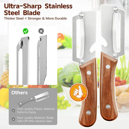 Left & Right Hand Vegetable Peeler Set with Scallion Slicer & Bottle Opener, Thickened Stainless Steel Wide Blade for Smooth Peeling, Wooden Handle Kitchen Peeler for Fruits & Vegetables