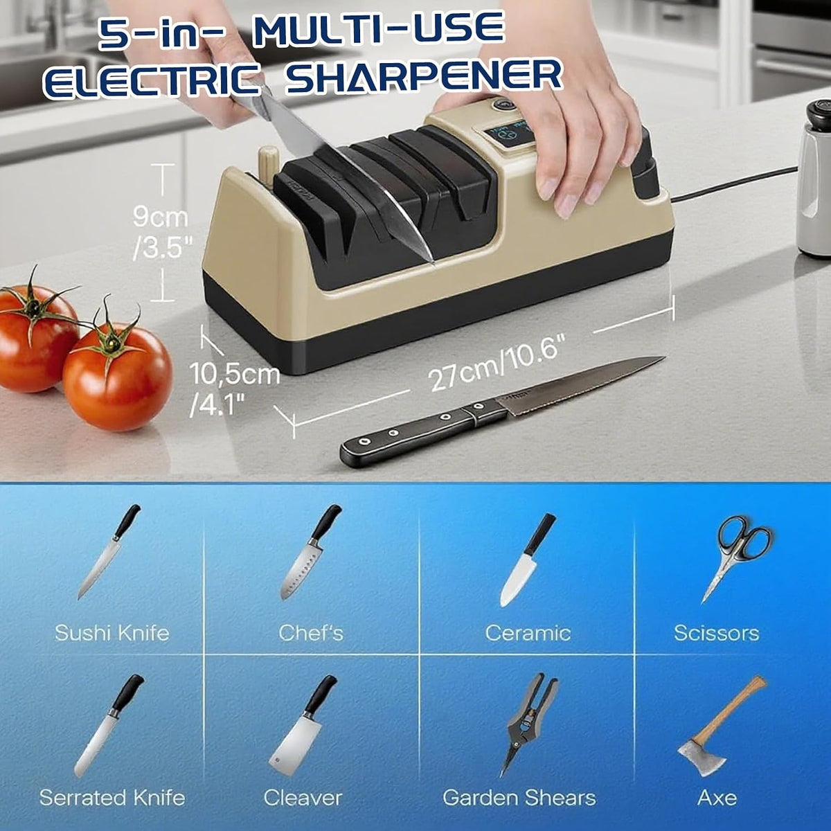 5-in-1 Electric Knife Sharpener for Kitchen Knives-Scissor Sharpener (light gold)