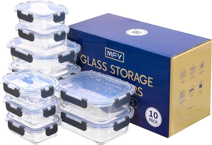 MFY 10-Pack Glass Storage Containers with Lids, Glass Meal Prep Containers Set, Airtight Lunch Containers with Lids, Microwave, Oven, Freezer and Dishwasher Safe, Gray
