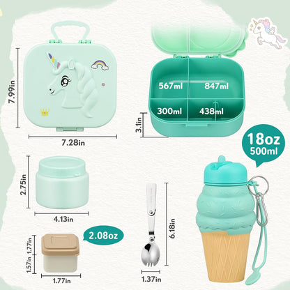 Aimsnk Magical Dinosaur Kids Lunch Box Set -12oz Insulated Food Jar, Leakproof Lunch Food Containers Cutlery, Leak-Proof Sauce Cup & Spoon, Gradient Green+Jar Green