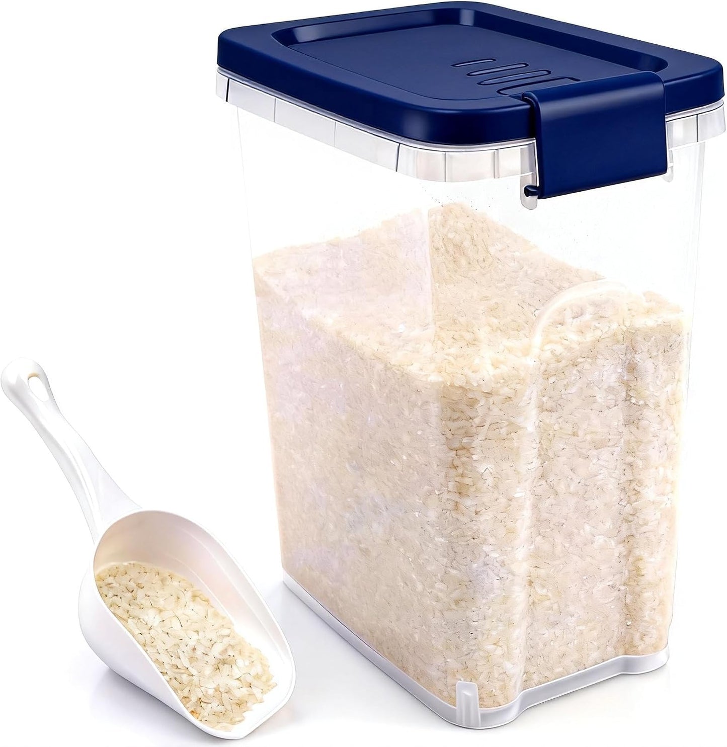 Tight-Lock Rice Container 10-15 Lbs - Airtight Flour Container with Scoop - Food-Grade Plastic Food Storage Container for Cereal, Sugar - Dry Food Dispenser for Kitchen, Pantry Organizers and Storage