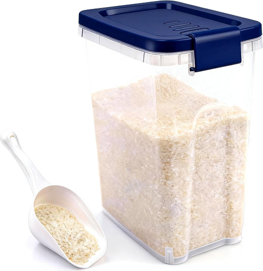 Tight-Lock Rice Container 10-15 Lbs - Airtight Flour Container with Scoop - Food-Grade Plastic Food Storage Container for Cereal, Sugar - Dry Food Dispenser for Kitchen, Pantry Organizers and Storage