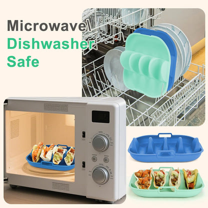 Silicone Taco Holder Set of 2,10.2in Reusable Taco Plates with Dividers,Fiesta Tacos Holder Tray.Taco Tuesday Kit,Dishwasher & Microwave Safe (2, BLUE+GREEN)