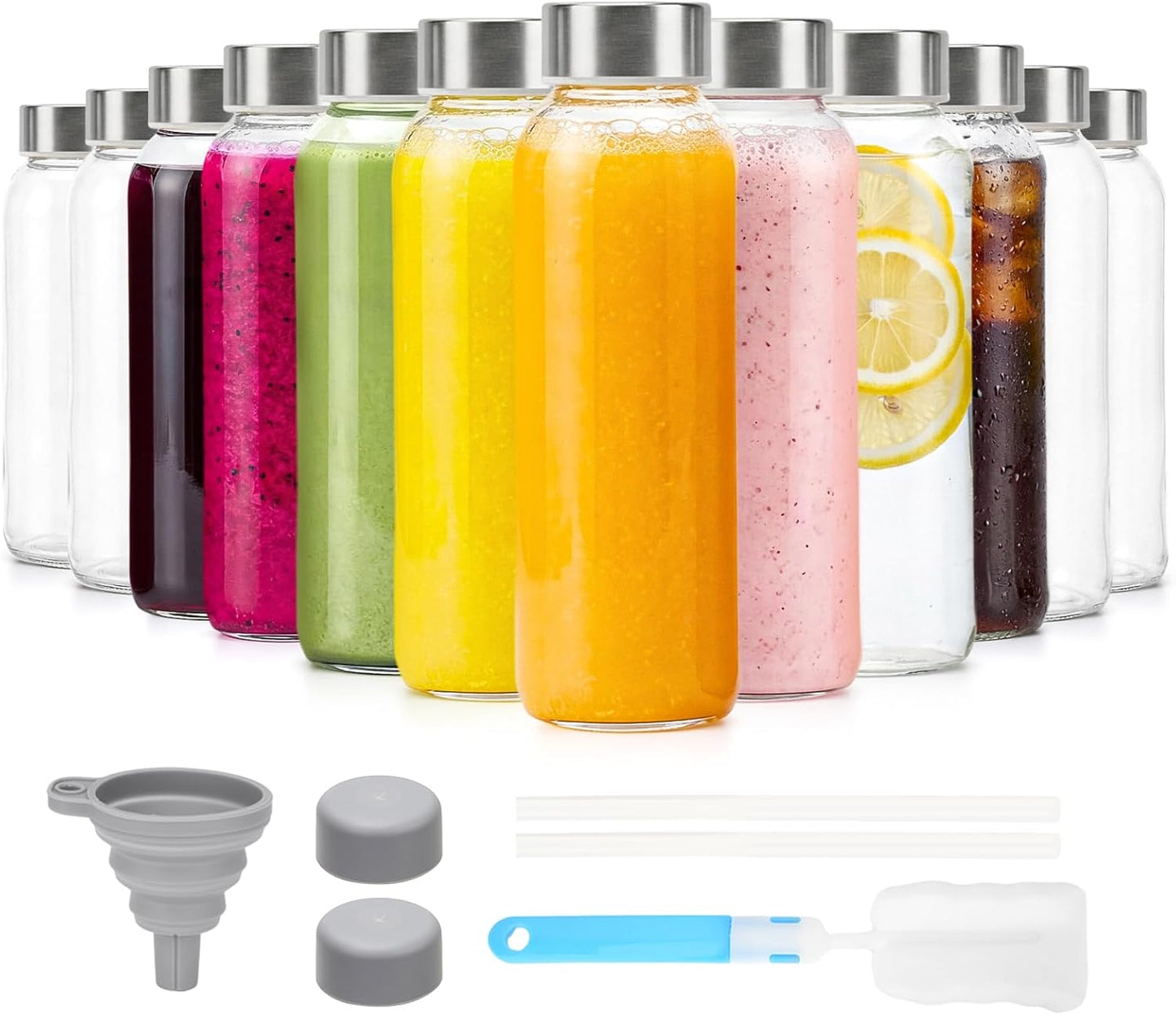 Glass Juice Bottles with Lids 10 oz, 6 Pack Reusable Small Glass Bottles with Stainless Steel Caps & Straws, BPA-Free Leak proof Juice Bottle Containers for Juicing, Milk, Smoothies & Fridge
