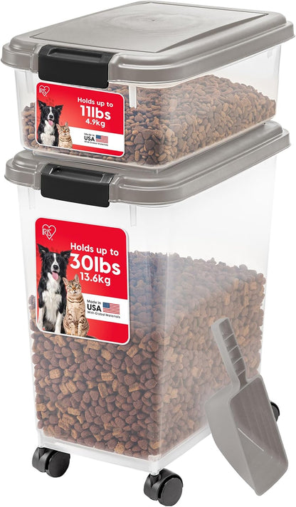 IRIS USA Dog Food Storage Container 30 lb + 11lb Airtight Combo, Stackable Pet Food Storage Bin with Wheels for Cat Dog Food, BPA Free, Made in USA, Black