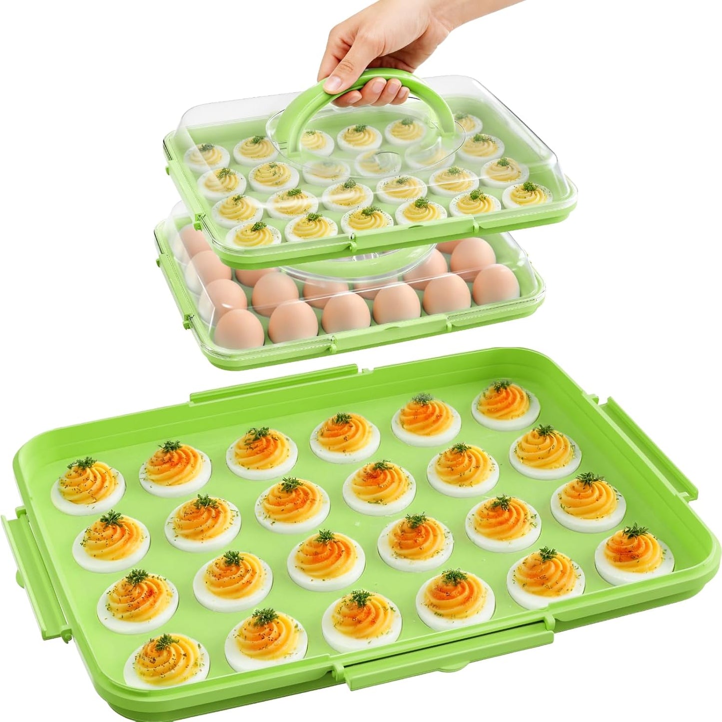 Deviled Egg Containers with Lid - Reusable Platter 2 Pack 48 Count Storage Tray with Handle for Potlucks, Tea Parties, Party, Thanksgiving, Picnics, Refrigerator, Christmas, Easter, Brunches (Blue)