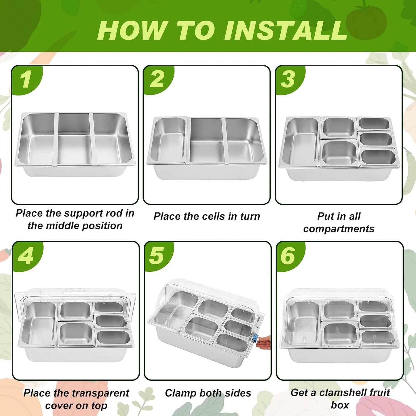 Condiment Tray Stainless Steel Serving Display Set with Lid for Buffet Restaurant Kitchen, Food Chilled Container for Salad Fruit Condiments, Keeps Food Fresh with Ice Box(6 Compartments)