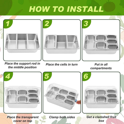 Condiment Tray Stainless Steel Serving Display Set with Lid for Buffet Restaurant Kitchen, Food Chilled Container for Salad Fruit Condiments, Keeps Food Fresh with Ice Box(6 Compartments)