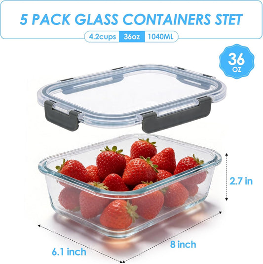 5-Pack 36oz Glass Food Storage Containers with Lids Airtight, Glass Meal Prep Containers Reusable, Leak-Proof Lunch Containers, BPA Free Borosilicate Glass, Microwave Oven Freezer Dishwasher Safe