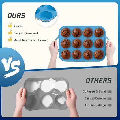 2 Packs 12 Cups Silicone Muffin Pan for Baking with Metal Reinforced Frame Regular Size Cupcake Pan Tray Egg Bites Silicone Cookie Molds Muffin Tin Tart Pans Sheet Set for Oven Dishwasher Safe