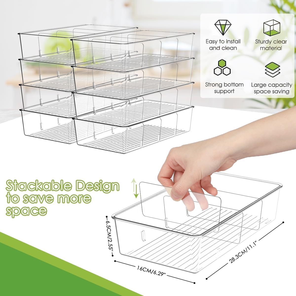 ZIZOTI Snack Organizer for Pantry Shelf, 4 Pack Clear Plastic Pantry Storage Bins with 3 Dividers for Snacks, Spices, Chips Food Organizer, Stackable Pantry Organizers for Kitchen, Fridge, Cabinet
