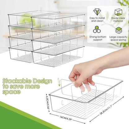 ZIZOTI Snack Organizer for Pantry Shelf, 4 Pack Clear Plastic Pantry Storage Bins with 3 Dividers for Snacks, Spices, Chips Food Organizer, Stackable Pantry Organizers for Kitchen, Fridge, Cabinet