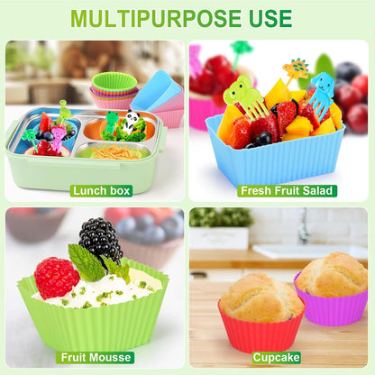 230PCS Silicone Lunch Box Dividers Kit, Reusable Silicone Cupcake Liners Muffin Cups, Fun Lunchbox Bento Box Accessories, Cute Food Picks for Kids (20 Baking Cups + 210 Animal Picks)