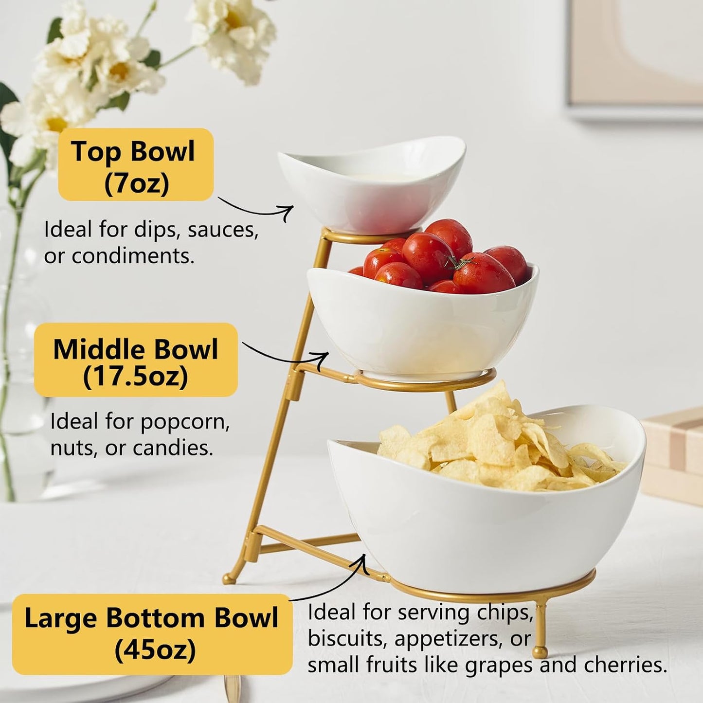 Gomakren 3 Tiered Oval Serving Bowl with Collapsible Metal Rack, Chip and Dip Serving Set, Dessert Appetizer Bowl Set (45oz / 17.5oz / 7oz), Serving Bowls For Mothers Day Entertaining (Gold Stand)