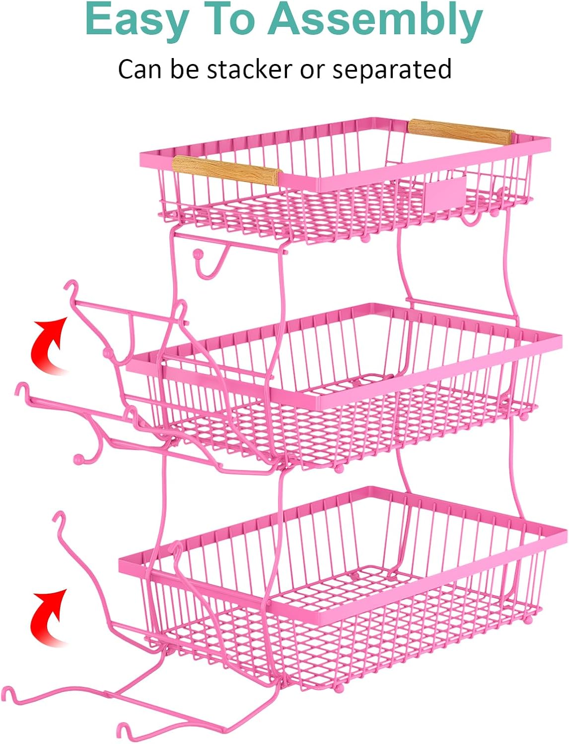 2 Tier Fruit Basket for Kitchen Counter with 2 Banana Hangers, Countertop Metal Bread Basket with Wooden Handle, Large Storage Stand for Vegetables, Snacks, Eggs, Produce Storage – Black