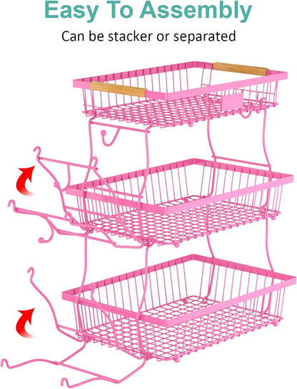 2 Tier Fruit Basket for Kitchen Counter with 2 Banana Hangers, Countertop Metal Bread Basket with Wooden Handle, Large Storage Stand for Vegetables, Snacks, Eggs, Produce Storage – Black