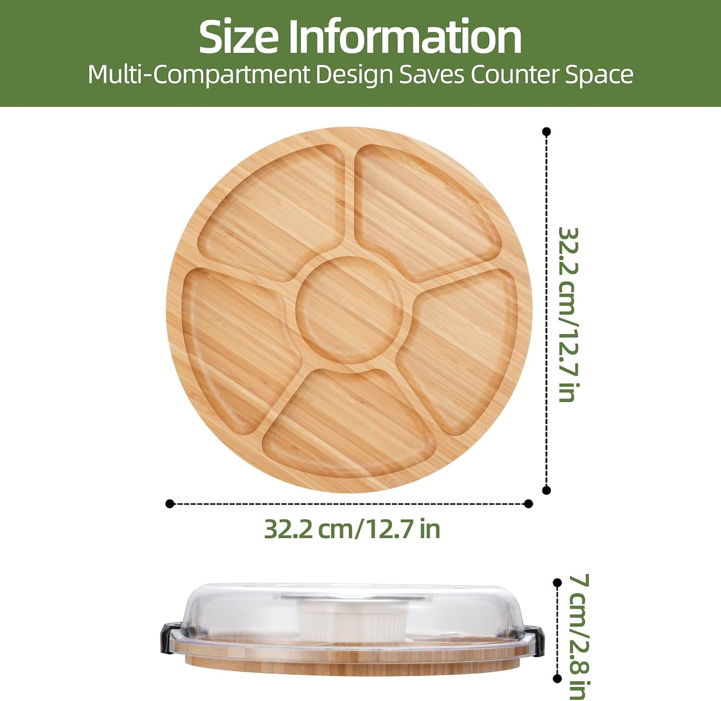 YANG Charcuterie Board with Lid, Divided Bamboo Serving Tray with Handle & Locking Lid, Portable Serving Platter for Party Outdoor Picnics Camping Gift Ready (6 Compartments,Round)