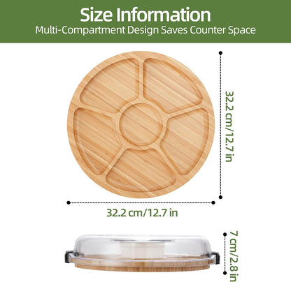 YANG Charcuterie Board with Lid, Divided Bamboo Serving Tray with Handle & Locking Lid, Portable Serving Platter for Party Outdoor Picnics Camping Gift Ready (6 Compartments,Round)