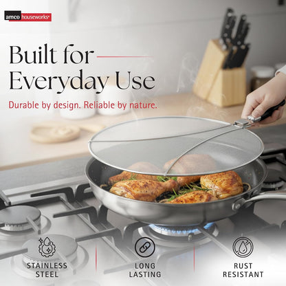 Amco 13" Splatter Screen with Foldable Handles - Stainless Steel Odor Absorber, Dishwasher Safe Versatile Kitchen Tool for Pans of All Sizes - Prevents Messy Splatters
