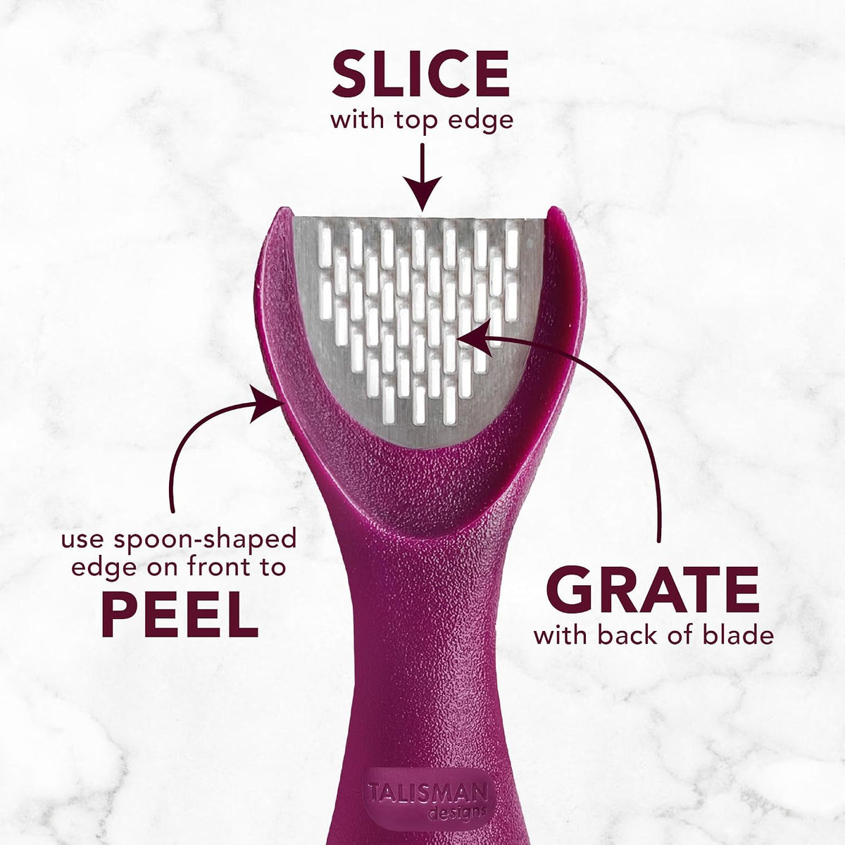 Talisman Designs 3-in-1 Ginger Peeler | Grater & Sliver | Grate Ginger, Garlic, Turmeric & Nutmeg | Easy to Use Kitchen Utensil Tool | Stainless Steel Hand Held Grater
