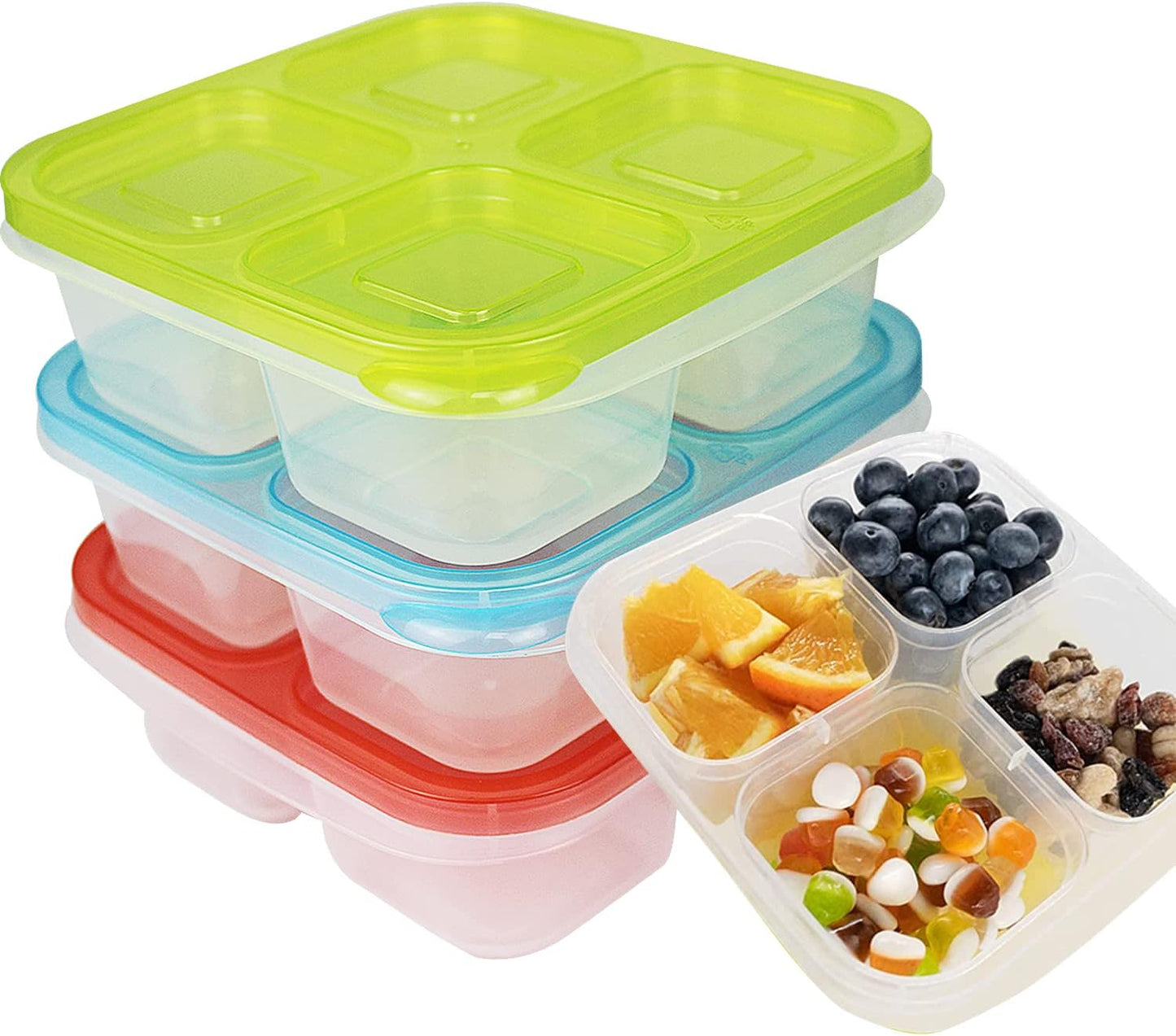 Finorder 6 Pack 4-Compartment Snack Containers, Reusable Food Containers for Kids School, Adults Office, Picnic Trip, Lunch Bento Box Meal Prep Containers (Bright Color Set)