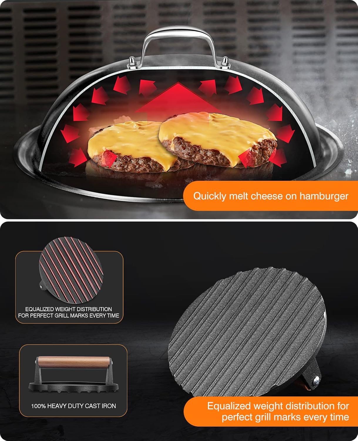 HOMENOTE Griddle Accessories for Blackstone, Commercial Grade 12 Inch Heavy Duty Melting Dome with Round Cast Iron Smash Burger Press Perfect for Flat Top Hibachi Grill Outdoor Indoor