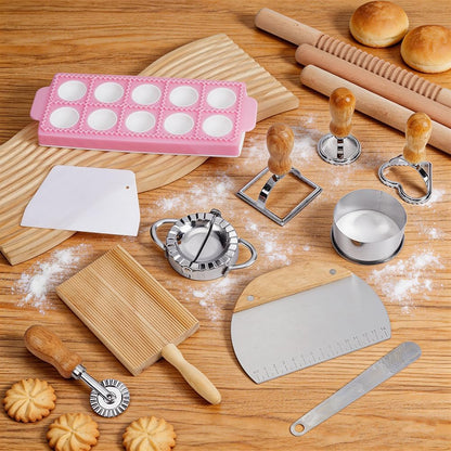 UNICRAFTALE 15Pcs Wooden Pasta Making Kit Ravioli Stamp Set Gnocchi Board Wood Threaded Rolling Pin Dumpling Press Mold Pasta Cutter Wheel Drying Rack for Homemade Spaghetti Dumplings Rice Dumpling