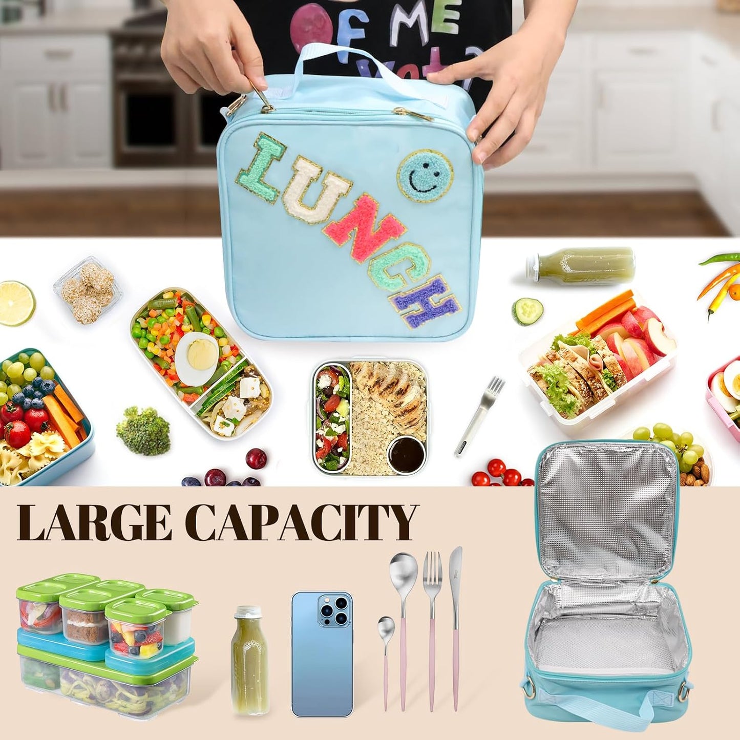 Insulated Lunch Bag With Adjustable Shoulder Strap, Nylon Preppy Lunch Box Large Insulated Lunch Bag Reusable Lunch Tote Bag with Smiley Preppy LunchBag for Girls School Travel Picnic (Green)
