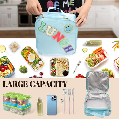 Insulated Lunch Bag With Adjustable Shoulder Strap, Nylon Preppy Lunch Box Large Insulated Lunch Bag Reusable Lunch Tote Bag with Smiley Preppy LunchBag for Girls School Travel Picnic (Green)