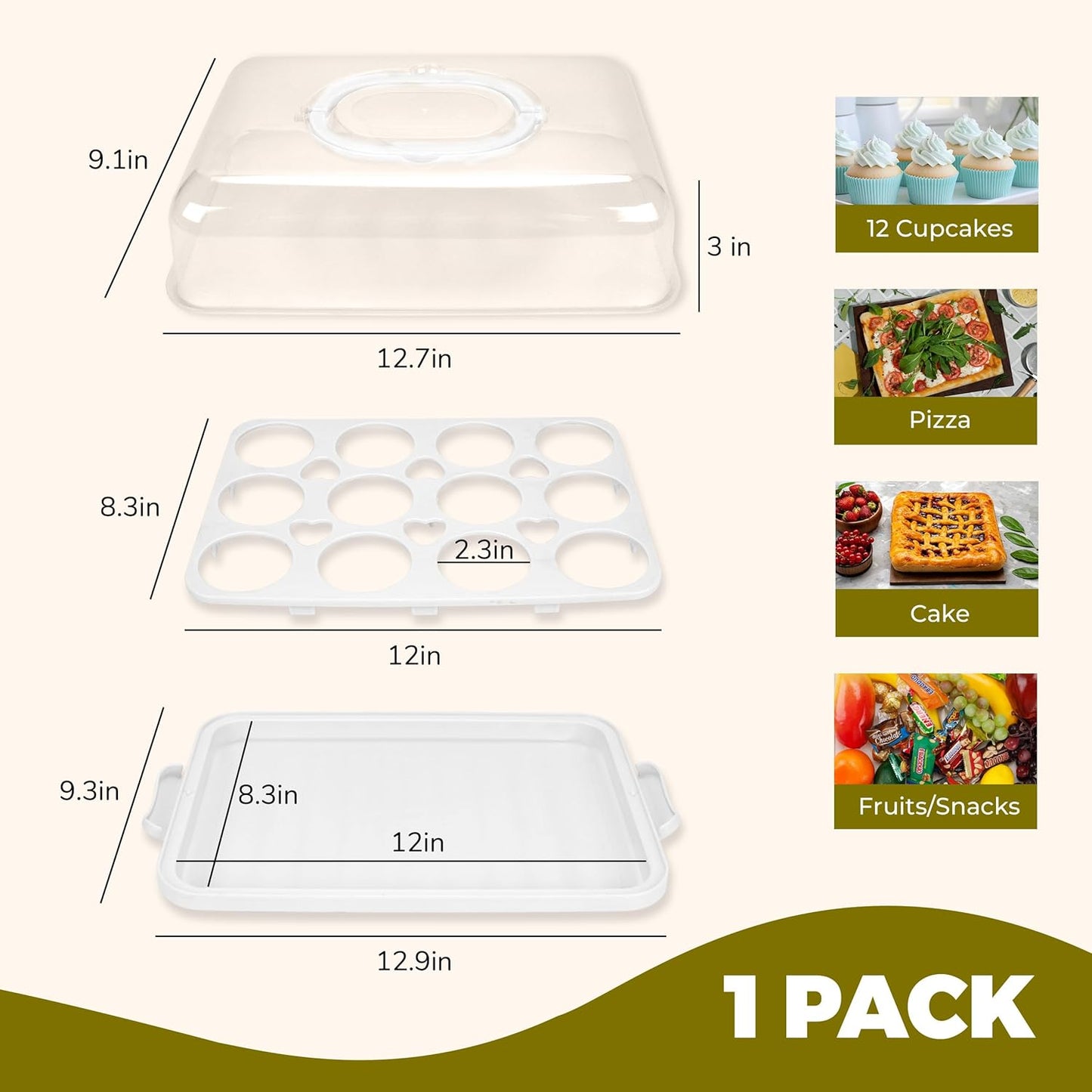 NPLUX Cupcake Containers with Lid Rectangular Cake Carrier 3-in-1 Multipurpose Cupcake Holder for Muffins Pies Sweets Pastries Fruit or Snacks (White, 13" x 9" x 4")