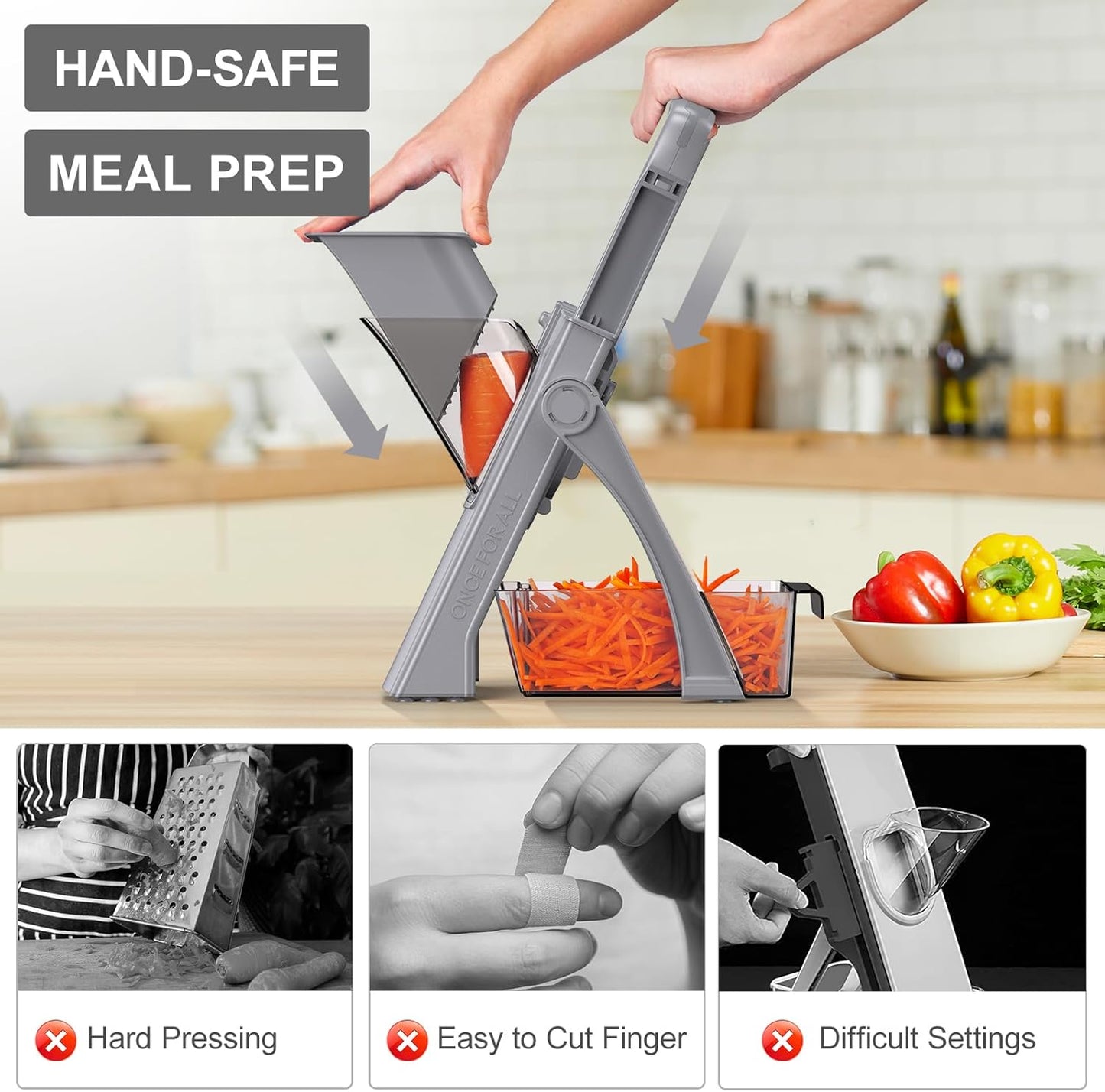 [All in 1] Upgraded Version Safe Mandoline Slicer for Kitchen, Adjustable Thickness. Veggie Slicer, Rapid Prep Mandoline, Detachable Blade, Cleaning Brush/Paring Knife (Black Knight)