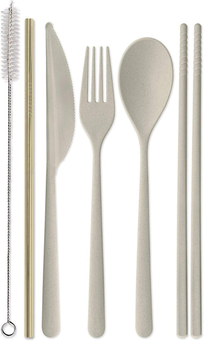Designworks Ink Reusable Cutlery Set Utensils for Lunch Box, 7-Piece, Forest Green - Eco Maniac Plastic Flatware with Forks, Spoon, Knife, Chopsticks, Metal Straw in Portable Travel Case