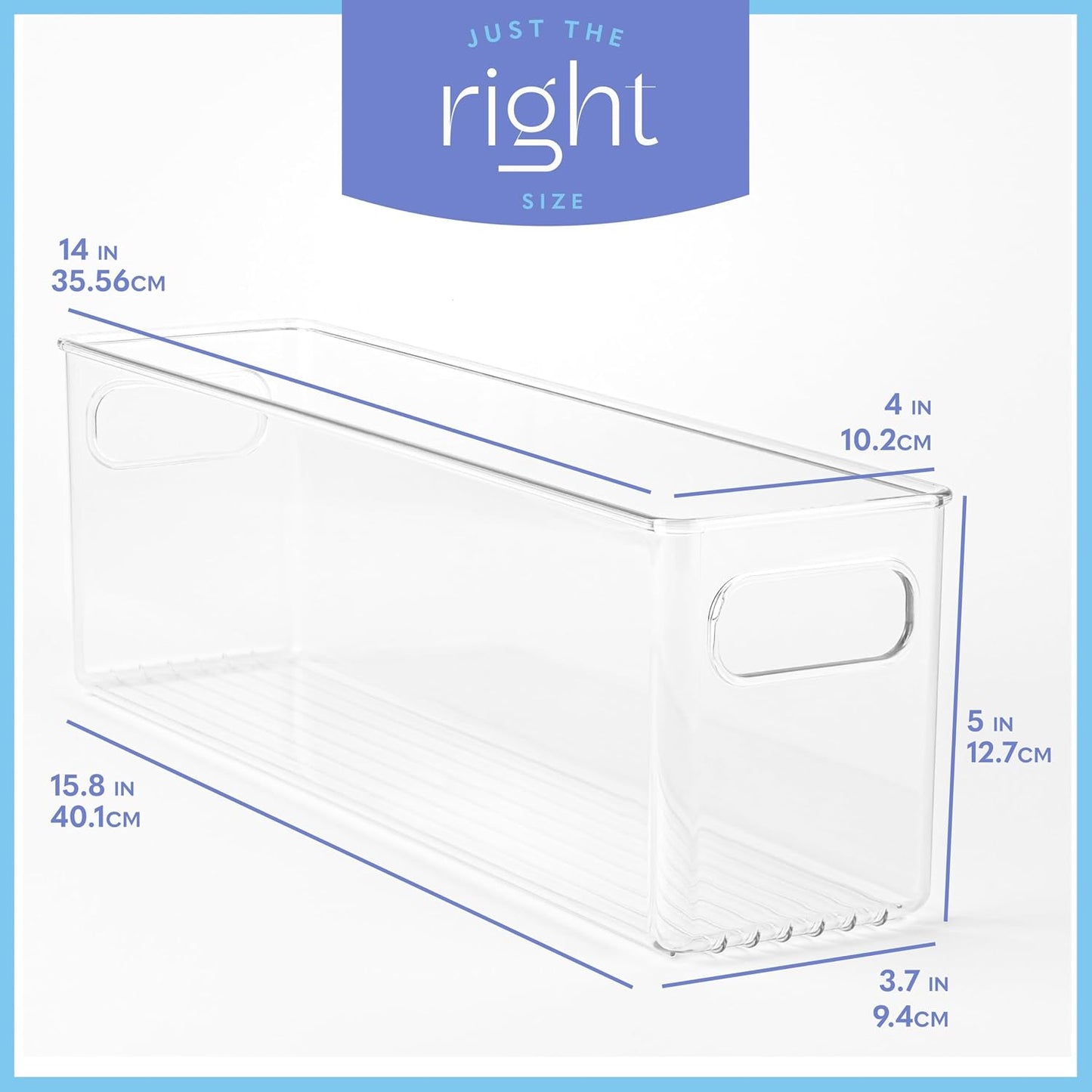 Plastic Food Storage 4 Pack Clear Container Bin with Handles for Organizing Kitchen, Pantry, Refrigerator, Freezer, Pantry, Cabinet, Closet, Bathroom. Stackable 10”x6”x3”
