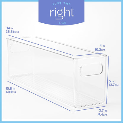 Plastic Food Storage 4 Pack Clear Container Bin with Handles for Organizing Kitchen, Pantry, Refrigerator, Freezer, Pantry, Cabinet, Closet, Bathroom. Stackable 10”x6”x3”