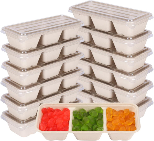 disposable bowls 18 oz 3 compartments with lids Plant Fiber 50 Pack