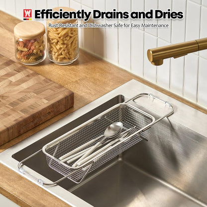 WAGENSTEIGER Extendable Dish Rack with Feet, Vegetable Colander Basket, Stainless Steel Dish or Silverware Drying Rack, Ultimate Kitchen Organizer Over the Sink (11.81 x 8.27 x 2.76 Inches)