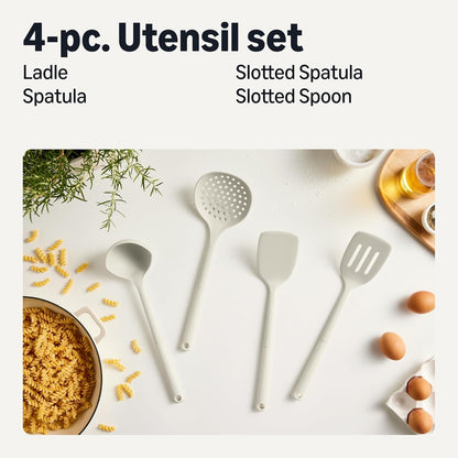 Amazon Basics Silicone Cooking Spoon and Ladle Set, 4-Piece Set, Soft Grip Handle, BPA-Free, Dishwasher-Safe, Linen Gray